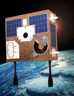 Image of a rectangular-shaped brown telescope with square solar panels on its surface and a round door opening to the lower left, in orbit in space around Earth.