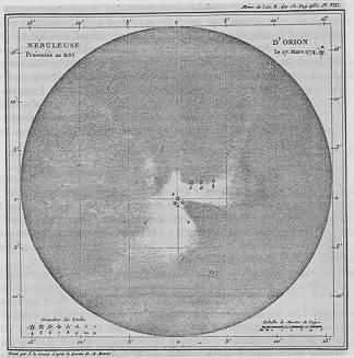 Circular grid map containing a pencil sketch representing a nebula