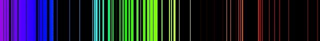 Lignes verticales sur une bande horizontale noire représentant le spectre de couleur, passant du violet au rouge, séparées de bandes noires de différentes largeurs