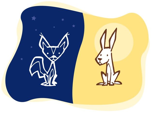 Dessin d'un renard sur fond bleu représentant la nuit à côté d'un lièvre sur fond jaune représentant le jour