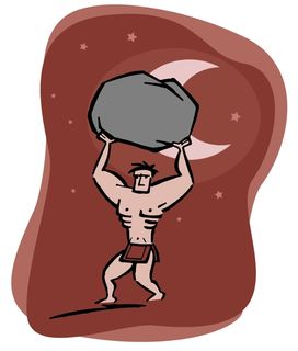 Drawing of a man against a brown background carrying a large rock above his head in front of a moon and stars