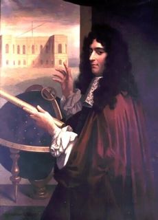 Painted portrait of a man standing in profile holding a rolled document in his left hand and using his right hand to point to a drawing representing a world globe and a building