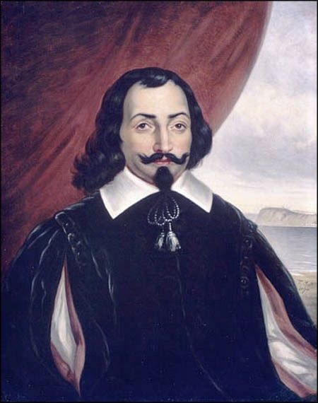Oil portrait of a man with long hair and a goatee dressed in black and wearing a white collar, in front of a red curtain