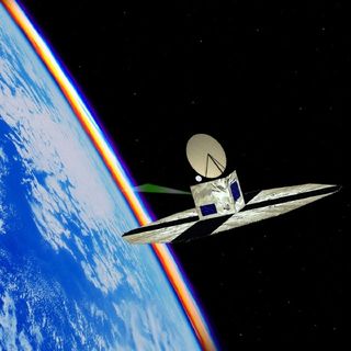 Image d'un observatoire spatial en orbite autour de la terre, avec ses panneaux déployés, son antenne et un faisceau lumineux vert pointant vers la terre.