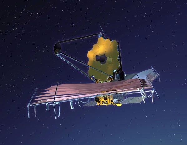 Image d'un télescope montrant une antenne jaune circulaire déployée située au-dessus d'une série de panneaux solaires. La boîte de contrôle jaune rectangulaire est placée sous le télescope.