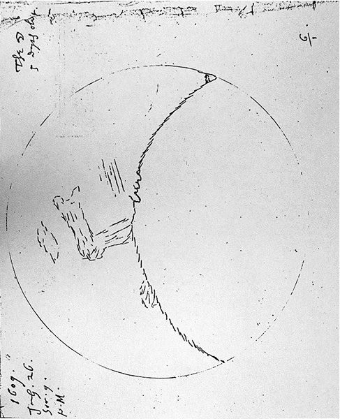 Croquis en noir sur fond blanc représentant un quart de lune avec des petites lignes signifiant des détails géographiques
