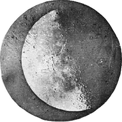 Circular black and white daguerreotype of the left side of the moon with circles on the lunar surface