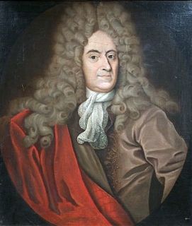 Painted portrait of a man with a full head of very long, curly hair and a mantle of red fabric draped over his brown suit