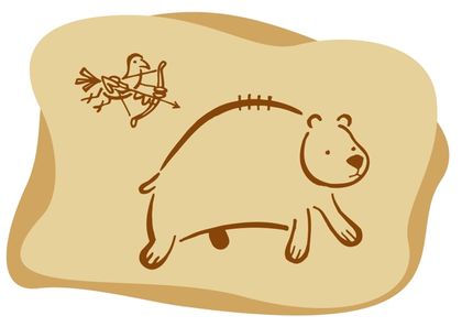 Dessin d'un oiseau sur fond beige chassant un ours à l'aide d'un arc