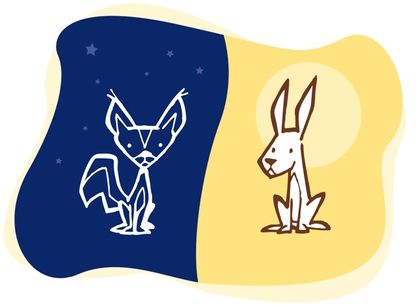 Dessin d'un renard sur fond bleu représentant la nuit à côté d'un lièvre sur fond jaune représentant le jour