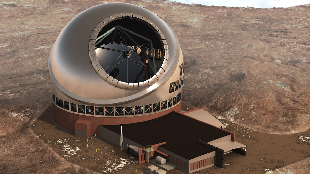 Dessin numérique d'un observatoire installé dans un désert ayant un dôme métallique avec une très grande ouverture sphérique